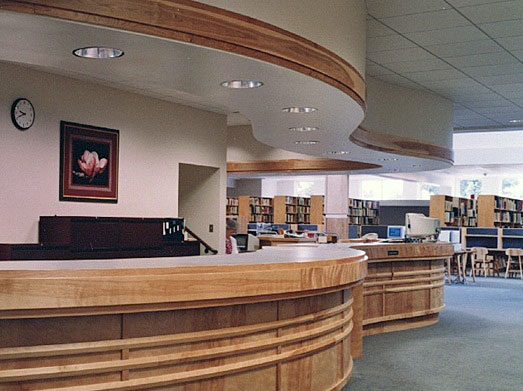 Kirk Library interior, the checkout desk