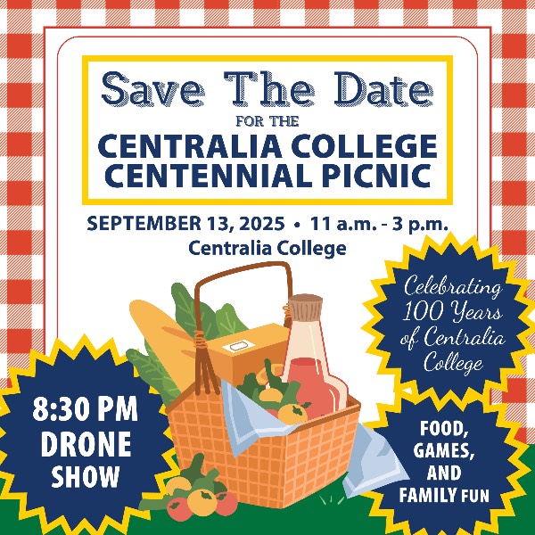 A poster for the Centennial Picnic featuring a colorful picnic basket and details about the party. All details are listed in the text next to the image.