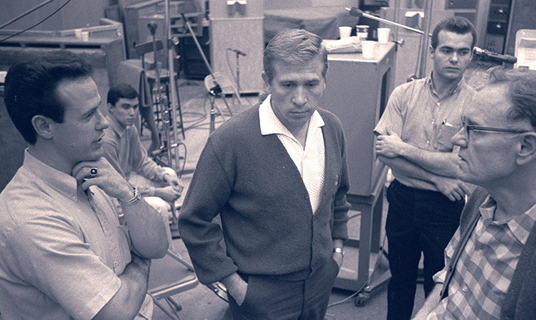 Don Rich) far left in the studio with Buck Owens.
