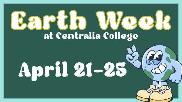 A graphic of an illustrated earth flashing a peace sign and smiling with the words "Centralia College Earth Week, April 21-25" in a bubbly font written on the top