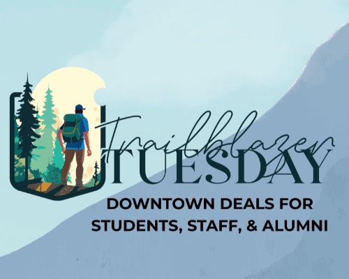 A graphic featuring a hiker on a blue background with the words Trailblazer Tuesday in a fun font