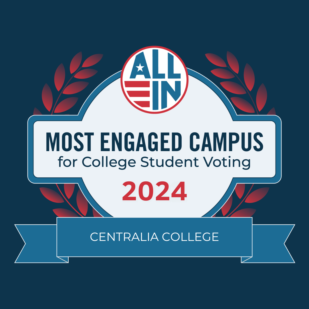 A blue, white, and red crest with the words All In along the top and Most Engaged Campus for College Student Voting 2024 in the center, and Centralia College along the bottom.