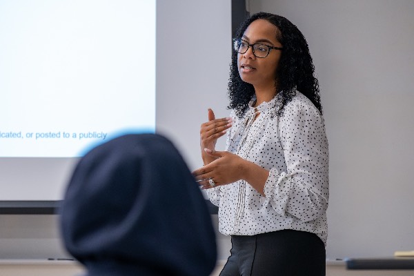 Dr. Tionna Miller, criminal justice professor at Centralia College, addresses her Intro to Criminal Justice class.